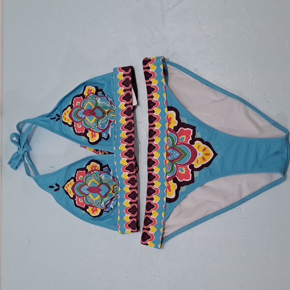 Medium boho print bikini with tie at neck and removable bra pads.  NWOT.